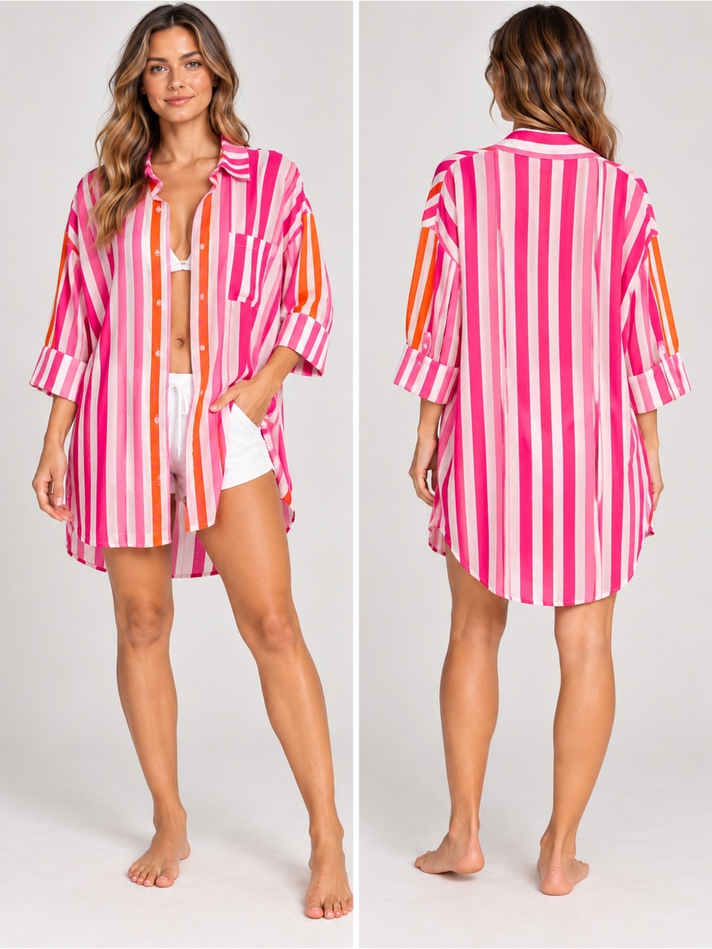 Beach Riot Pink & Orange Striped Button-Up Swim Coverup